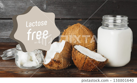 Lactose free coconut products on a wooden table with fresh coconuts and coconut milk Lactose free coconut products on a wooden table with fresh coconuts and coconut milk 138801640