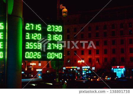 Currency exchange rates display at night in a busy urban area 138801738