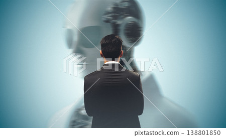 Person looks at AI robot in a modern office setting during daytime Person looks at AI robot in a modern office setting during daytime 138801850