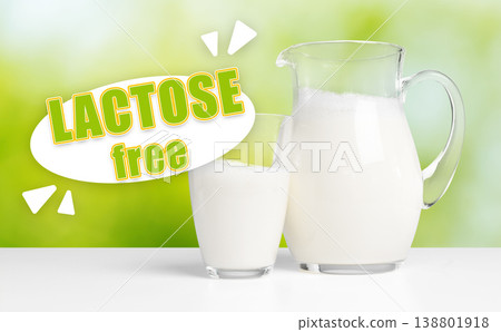 Lactose free milk in glass and pitcher on a table with green background Lactose free milk in glass and pitcher on a table with green background 138801918