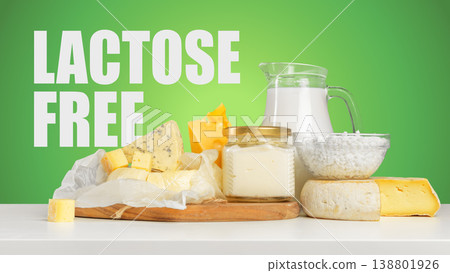 Lactose free foods displayed on a table with green background and bright lighting Lactose free foods displayed on a table with green background and bright lighting 138801926