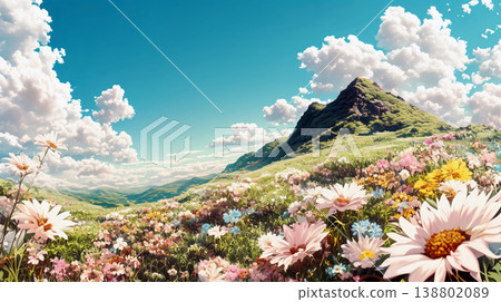 Blue sky, clouds, and colorful flowers 138802089