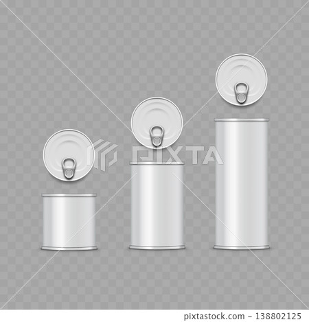 Realistic White Tin Can Mockup Set. Vector Blank Metal Food Containers with Pull Ring Lids in Various Sizes. Realistic White Tin Can Mockup Set. Vector Blank Metal Food Containers with Pull Ring Lids in Various Sizes. 138802125