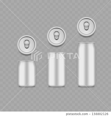Realistic Aluminum Beverage Can Mockup Set. Vector Blank Silver Soda or Beer Containers with Top View in Various Sizes. Realistic Aluminum Beverage Can Mockup Set. Vector Blank Silver Soda or Beer Containers with Top View in Various Sizes. 138802126