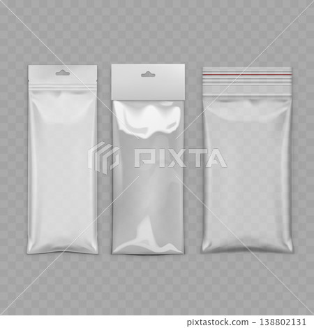 Realistic White Sachet and Wrapper Mockup Set. Vector Blank Stick Pack, Flow Pouch, and Candy Bar Packaging Templates. 138802131