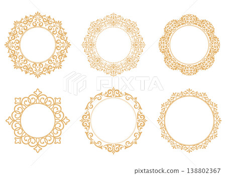 Set of decorative frames Elegant vector element for design in Eastern style, place for text. Floral golden and white frames. Lace illustration for invitations and greeting cards Set of decorative frames Elegant vector element for design in Eastern style, place for text. Floral golden and white frames. Lace illustration for invitations and greeting cards 138802367