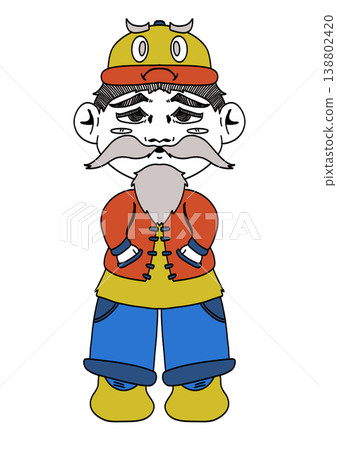 Cartoon Character Illustration of an Old Man with Grey Mustache and Beard Wearing Traditional Red Jacket, Cute Elderly Asian Man Character Design in Casual Outfit with Yellow Hat and Blue Trousers Cartoon Character Illustration of an Old Man with Grey Mustache and Beard Wearing Traditional Red Jacket, Cute Elderly Asian Man Character Design in Casual Outfit with Yellow Hat and Blue Trousers 138802420
