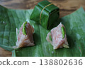 Authentic Thai Naem Moo or fermented pork sausage wrapped in banana leaf 138802636