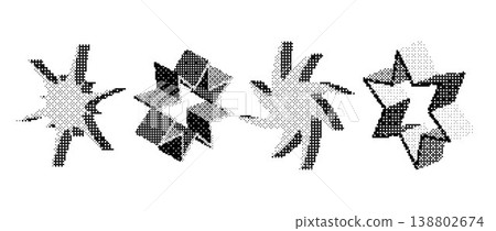 Bitmap halftone stars set. Pixelated star-shaped design elements for banner, poster, leaflet, sticker, collage. Dither 3d rasterized shape collection. Retro Y2K 8 bit effect bundle. Vector 138802674
