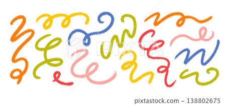 Colored hand drawn organic line collection. Brush stroke squiggle shape set. Crayon curly wave bundle. Kid wiggly scribble elements pack for party decor, poster. Vector charcoal chalk swoosh stripes Colored hand drawn organic line collection. Brush stroke squiggle shape set. Crayon curly wave bundle. Kid wiggly scribble elements pack for party decor, poster. Vector charcoal chalk swoosh stripes 138802675