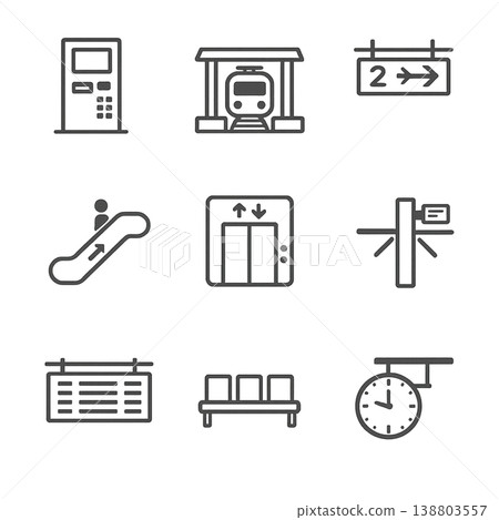 Station Equipment Icon Set (9 icons): Ticket machine, ticket gate, platform sign, escalator, elevator (Transparent PNG) 138803557
