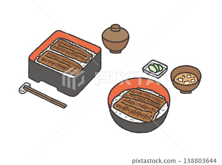 一組手繪的鰻魚飯(unaju)插圖。 一組手繪的鰻魚飯(unaju)插圖。 138803644