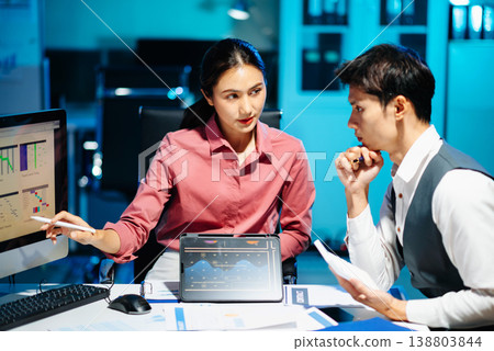Asian colleagues discussing project plans and reviewing documents in a modern office. Concept of business teamwork, strategy Asian colleagues discussing project plans and reviewing documents in a modern office. Concept of business teamwork, strategy 138803844