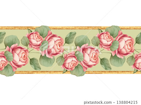 Elegant seamless repeating border with soft pink roses and green leaves on a sage green background, framed by golden glitter lines. Botanical floral illustration for ribbons, washi tape, stationery Elegant seamless repeating border with soft pink roses and green leaves on a sage green background, framed by golden glitter lines. Botanical floral illustration for ribbons, washi tape, stationery 138804215
