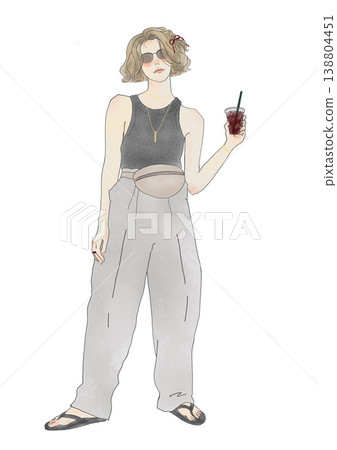一位女士手持飲料的全身插圖:冰咖啡、太陽眼鏡、外帶。 一位女士手持飲料的全身插圖:冰咖啡、太陽眼鏡、外帶。 138804451