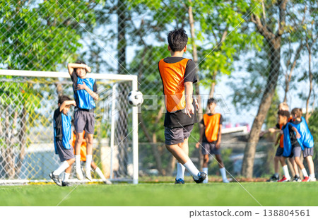 Back of one player action of penalty shoot-out with protect by the opposite players in front of the goal of soccer in the field 138804561