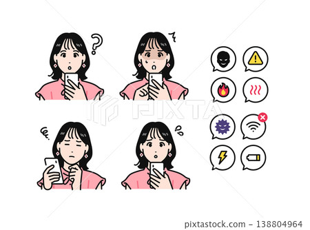 一位穿著短袖襯衫、表情消極的年輕女子，手裡拿著智慧型手機和一組通知圖示。 138804964