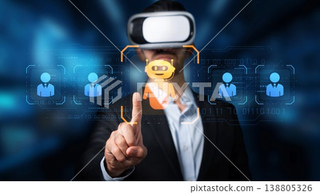 Businessman in Virtual Reality Headset Engaging with Digital Interface and Robot Icon Illustrating Interaction Between Humans and Technology. Raster Businessman in Virtual Reality Headset Engaging with Digital Interface and Robot Icon Illustrating Interaction Between Humans and Technology. Raster 138805326