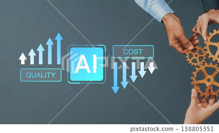Hands Collaborating to Represent Efficiency in Artificial Intelligence with Rising Quality and Falling Cost Graphs in a Modern Business Concept Gluon Hands Collaborating to Represent Efficiency in Artificial Intelligence with Rising Quality and Falling Cost Graphs in a Modern Business Concept Gluon 138805351