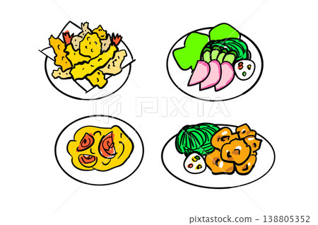Fried chicken, tempura, ham salad, tomato and egg stir-fry Fried chicken, tempura, ham salad, tomato and egg stir-fry 138805352