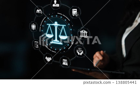 A modern digital representation of law and justice concepts featuring scales of balance on a dark background, ideal for legal services, consultancy, and ethical representation. Sigmoid 138805441