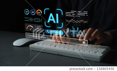 Futuristic Computer Interaction with AI Elements, Data Analytics Visualization, and Desktop Keyboard Typing for Technology and Innovation Themes Gluon 138805456
