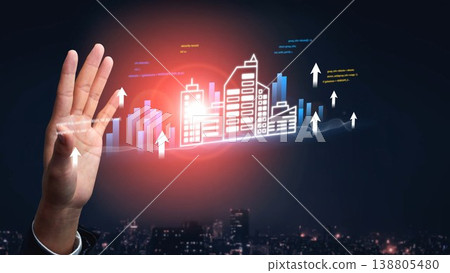 Hand Reaching Out with Financial Growth Symbols Over City Skyline at Night Displaying Data Analysis and Business Development Concepts Gluon Hand Reaching Out with Financial Growth Symbols Over City Skyline at Night Displaying Data Analysis and Business Development Concepts Gluon 138805480