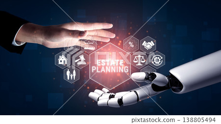 Human Hand Reaching Towards Robotic Hand with Icons Representing Estate Planning Concepts and Technology Interaction in a Futuristic Setting Quark Human Hand Reaching Towards Robotic Hand with Icons Representing Estate Planning Concepts and Technology Interaction in a Futuristic Setting Quark 138805494