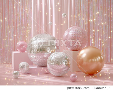 粉紅色和金色的球以及迪斯科球營造出華麗的背景。 138805502