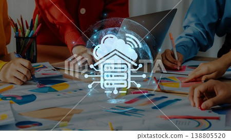 Team Collaboration in Data Analysis with Cloud Technology and Digital Graphics on Table Surrounded by Hands and Modern Devices. Raster 138805520