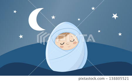 Sleeping baby wrapped in blanket under moonlit night sky scene. newborn sleeping Sleeping baby wrapped in blanket under moonlit night sky scene. newborn sleeping 138805521