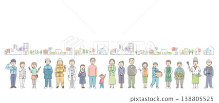 當地居民和街景：描繪不同職業和世代的社區插圖。 138805525