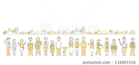 當地居民與街景：一幅描繪不同職業和世代的社區插圖（單色）。 138805526