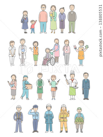 一組描繪不同專業人士的插圖，代表了多個世代和各種不同的工作人群。 138805531