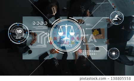 Ethical Considerations in Artificial Intelligence Development with Diverse Business Team Engaged in Discussion at Table, Emphasizing Responsibility and Fairness. Raster 138805558