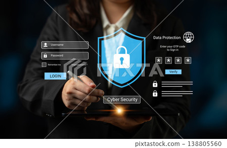 Secure Online Login Process with User Entering Data on Tablet Displaying Cyber Security Elements and Protection Icons Gantry Secure Online Login Process with User Entering Data on Tablet Displaying Cyber Security Elements and Protection Icons Gantry 138805560