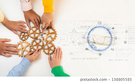 Collaboration and Innovation in Business Process with Teamwork Using Gears on a Table Surrounded by Technology and Data Visualizations. Raster Collaboration and Innovation in Business Process with Teamwork Using Gears on a Table Surrounded by Technology and Data Visualizations. Raster 138805585