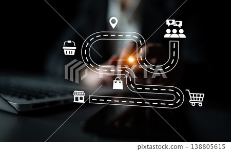 Digital Roadmap Illustrating Modern Business Journey with Icons Representing Ecommerce, Communication, and Navigation Elements Ledger 138805615