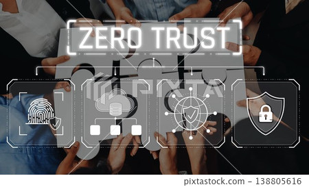 Collaborative Approach to Zero Trust Security with Fingerprint Authentication, Cloud Infrastructure, Data Protection Network, and Shield Icon for Secure Environment Sigmoid. 138805616