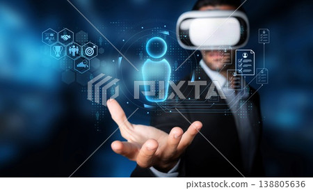 Businessman with Virtual Reality Technology and Data Visualization in Futuristic Setting for Innovative Digital Transformation. Raster Businessman with Virtual Reality Technology and Data Visualization in Futuristic Setting for Innovative Digital Transformation. Raster 138805636