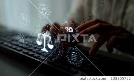 Digital law interface displaying justice scale, highlighting digital law Muxer Digital law interface displaying justice scale, highlighting digital law Muxer 138805732