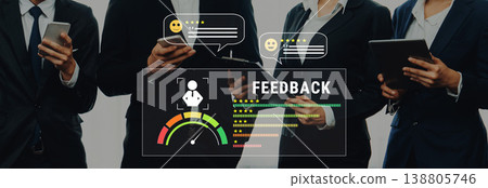 Business professionals evaluating feedback and engagement through digital devices with graphic overlay of performance indicators and comments Trope 138805746