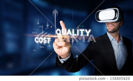 Businessman Using Virtual Reality Technology to Evaluate Cost and Quality Metrics in a Digital Dashboard for Enhanced Decision-Making. Raster Businessman Using Virtual Reality Technology to Evaluate Cost and Quality Metrics in a Digital Dashboard for Enhanced Decision-Making. Raster 138805820