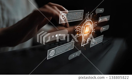 Futuristic Technology Concept of Artificial Intelligence with Digital Interface and Data Visualization in Modern Workspace Environment Gluon 138805822