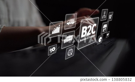 B2C Business Model with Consumer Delivery, Retail, and Growth Icons Muxer 138805832