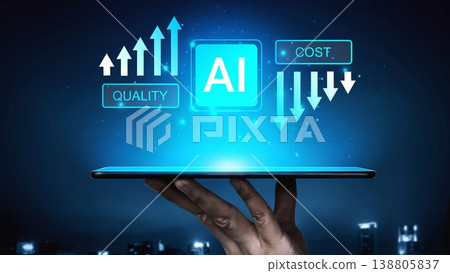 Dynamic Representation of AI Advancements Influencing Quality and Cost in Digital Market with Hand Holding Tablet Against Urban Night Background Gluon 138805837