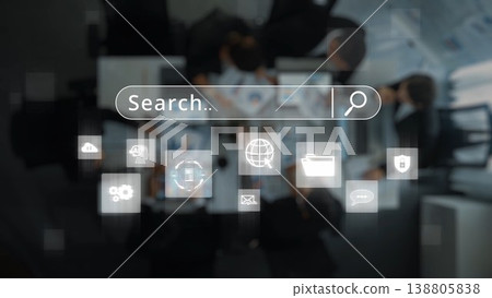 Group of professionals collaborating on a project with digital interface showing search bar and various icons representing technology and communication. Raster 138805838