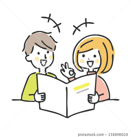A couple talking while looking at a pamphlet A couple talking while looking at a pamphlet 138806028