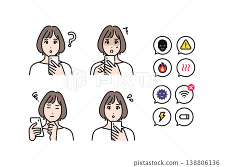 一組30多歲女性手持智慧型手機,臉部表情充滿負面情緒的照片。 一組30多歲女性手持智慧型手機,臉部表情充滿負面情緒的照片。 138806136