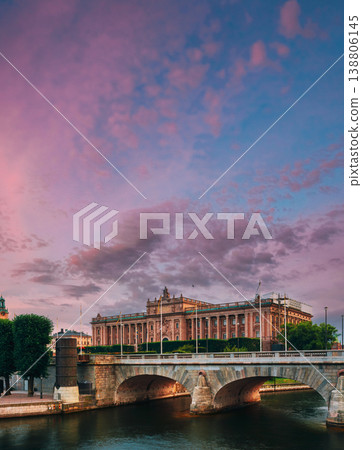 Swedish Parliament Building Riksdagshuset at Sunset 138806145